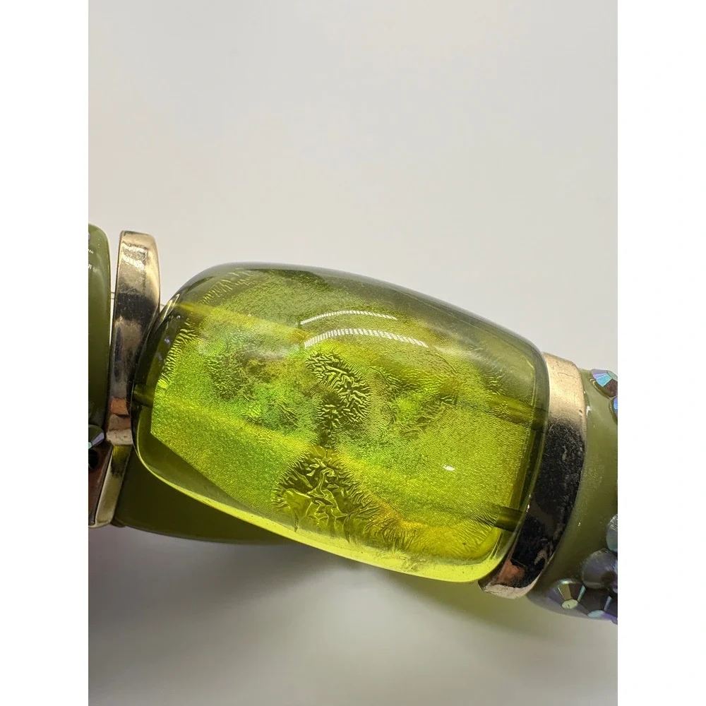 Olive Green Resin Chunky Stretch‎ Bracelet AB Rhinestone Statement